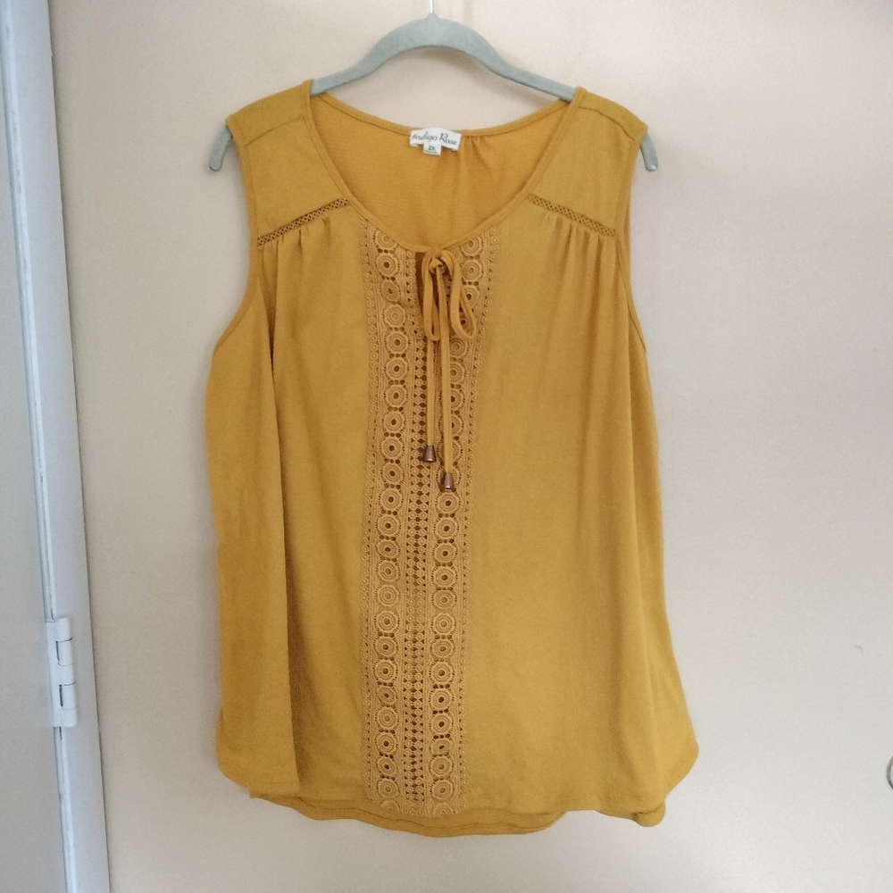 Indigo Rose Golden Yellow Sleeveless top Lace 2X Boho Western Stretch Vacation